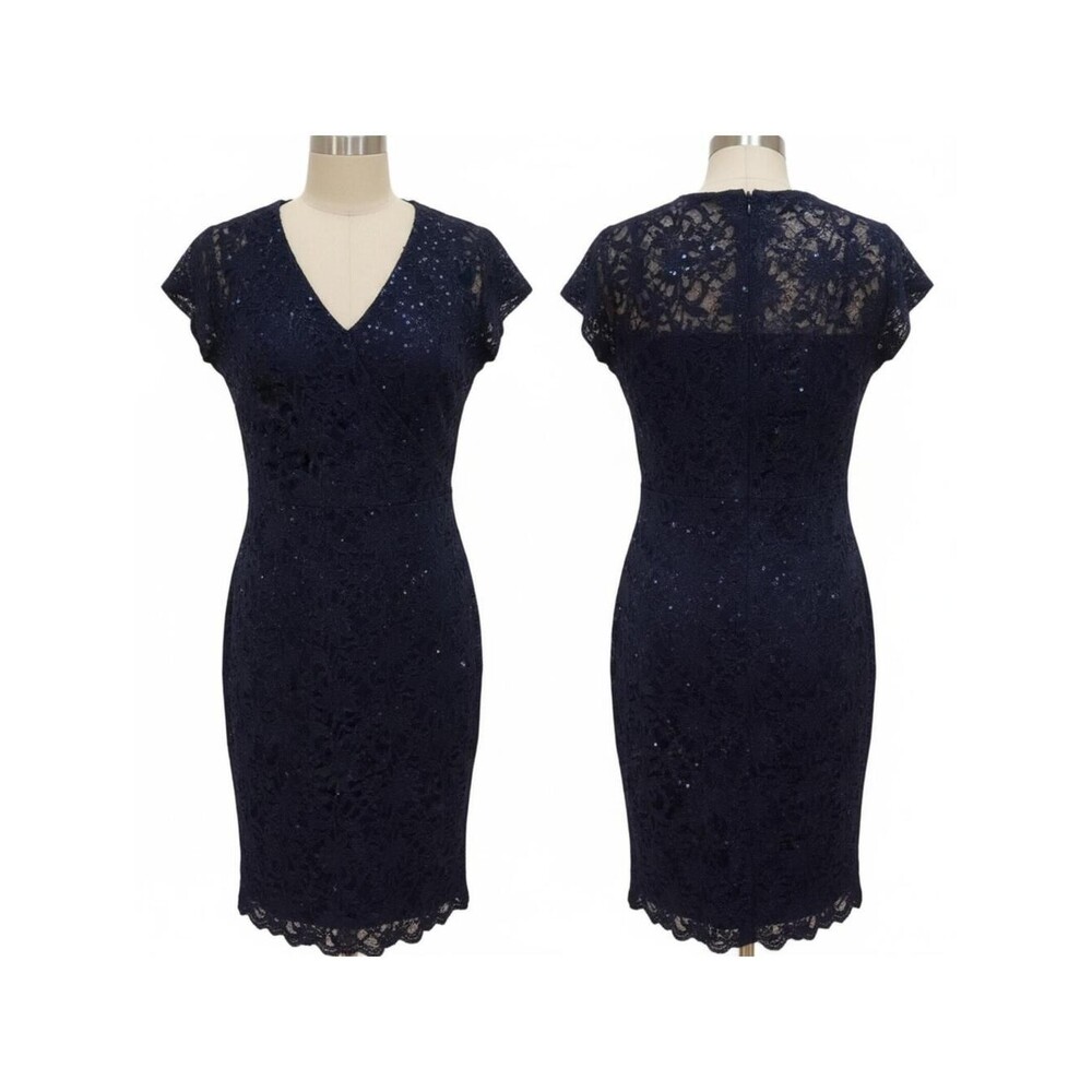 Lace Dress Navy Blue Sequin Detail Cocktail Party Sheath Dress